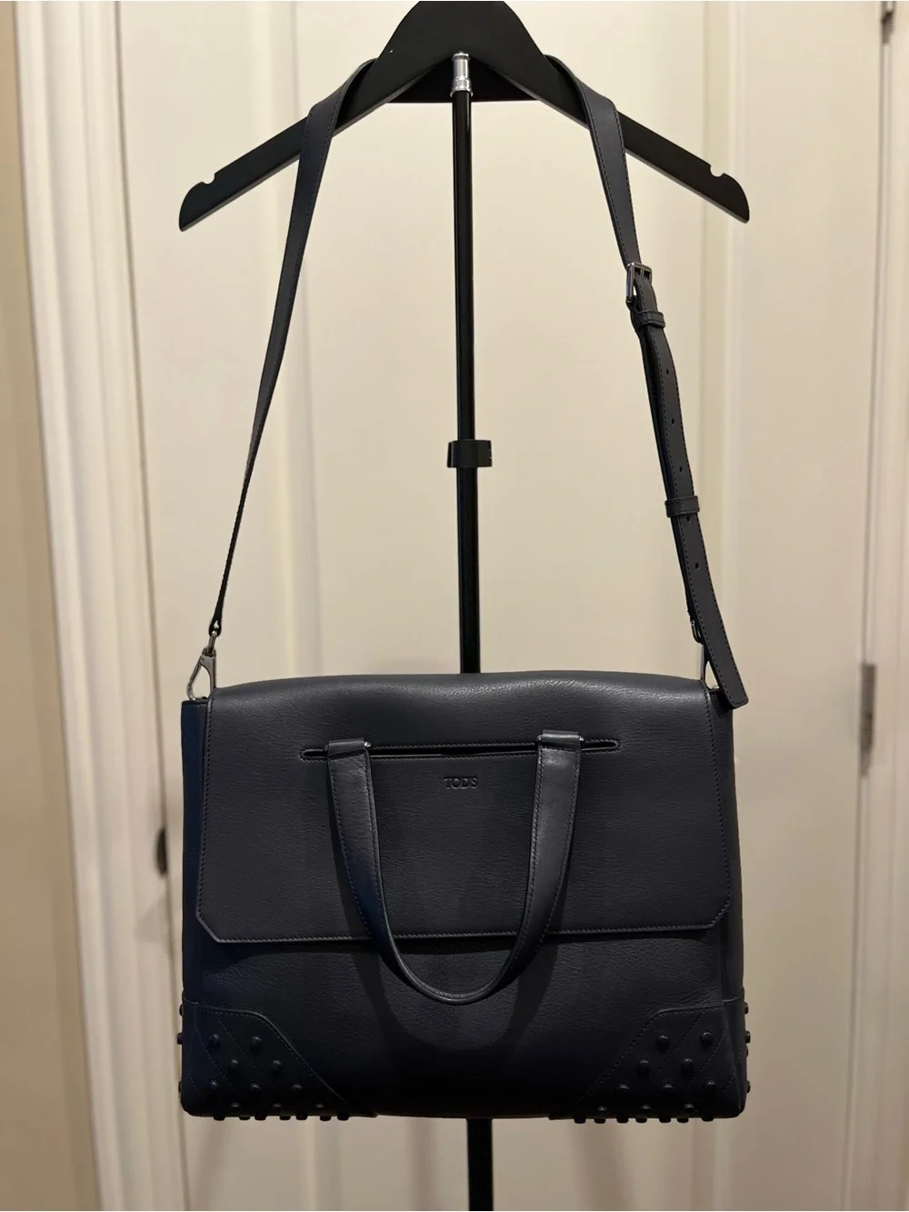 TOD'S Dark Navy Blue Leather Gommino Envelope Briefcase Messenger Bag NWOT